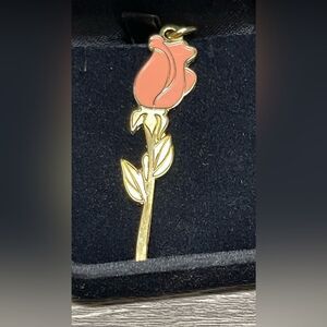 Pink Enamel Rose Keychain Gold-Tone  Floral Bag Charm